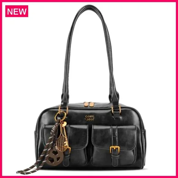 PU Leather Shoulder Bag Top Handle Multiple Pockets Retro Y2K Tote - Picture 2 of 8